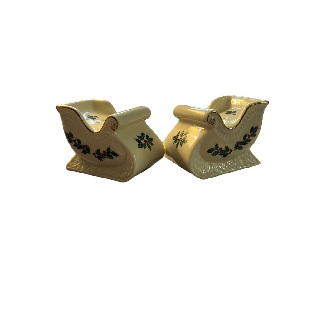 Formalities Baum Bros Salt Pepper Shakers Holly Christmas Sleigh Porcelain NWOT